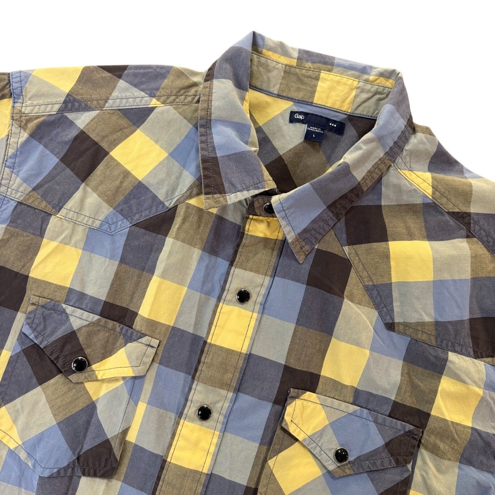GAP Button Up Shirt Mens Large Yellow Blue Plaid Short Sleeve Cotton